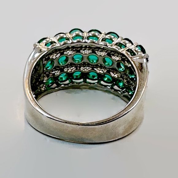 Green Ring, Wide, Faux Chrome Diopside, CZs, Sterling Silver, Vintage, Cluster - Picture 4 of 5